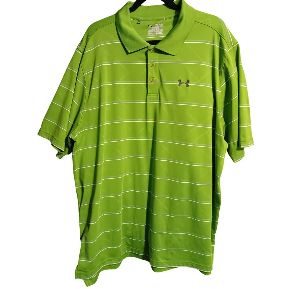 Under Armour Heatgear Polo Golf Shirt Loose Fit 2XL Lime Green Striped Vibrant